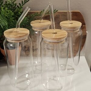 Drinking Glasses with Bamboo Lids and Glass Straw 4pcs Set - 16oz Glass Cups